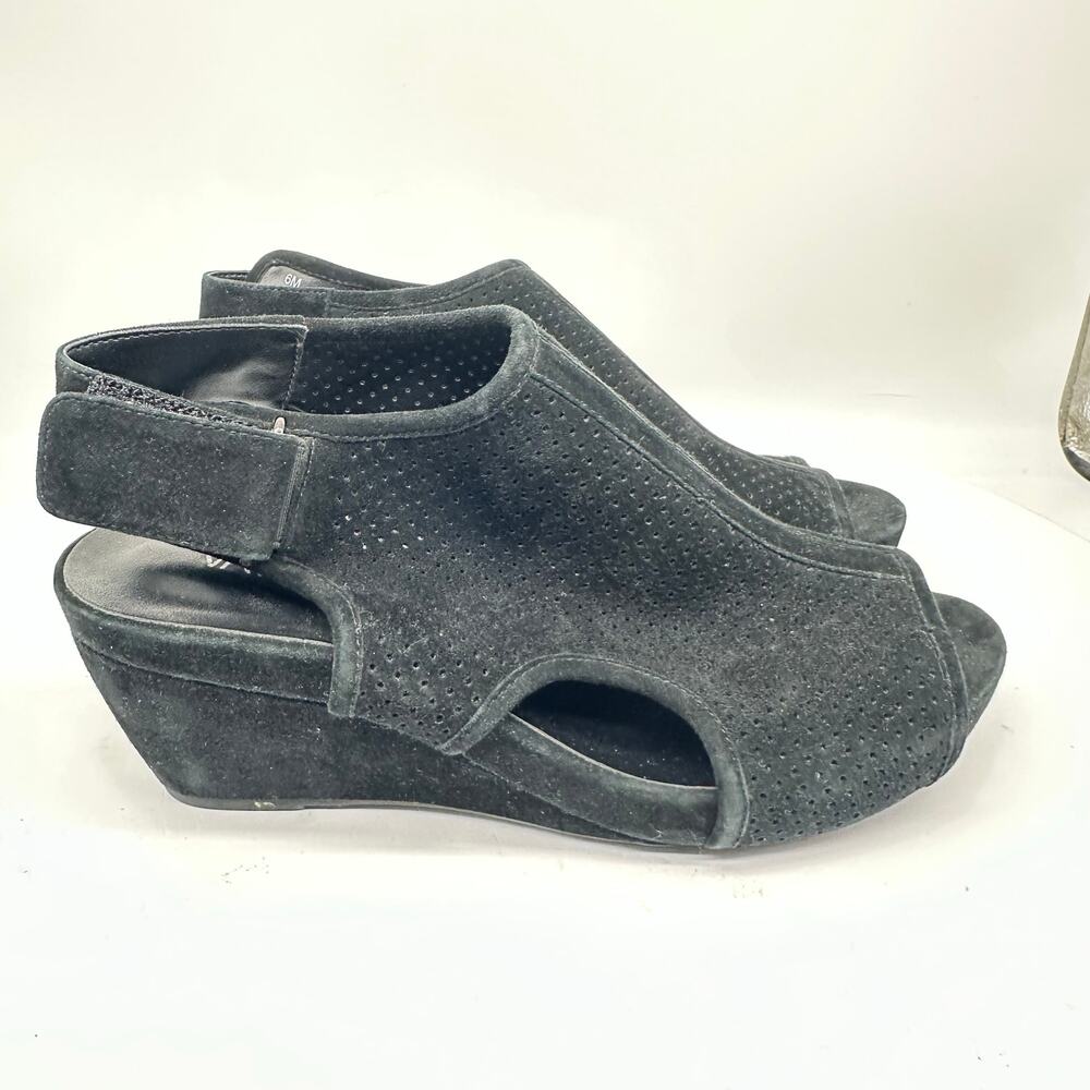 Vaneli Black Suede Perforated Peep Toe Wedge Slingback Ankle Strap Heels Size 6